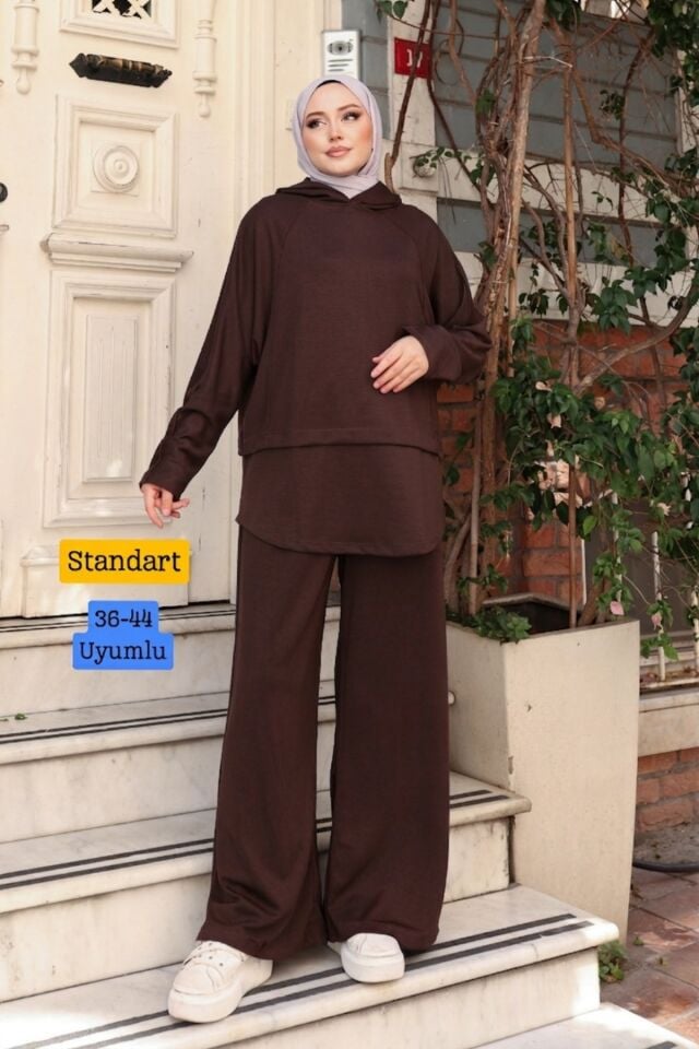 Balenbi Kadın Oversize Kesim Kapüşonlu Salaş Spor Oysh Modal Takım 1236 Standart - Kahverengi