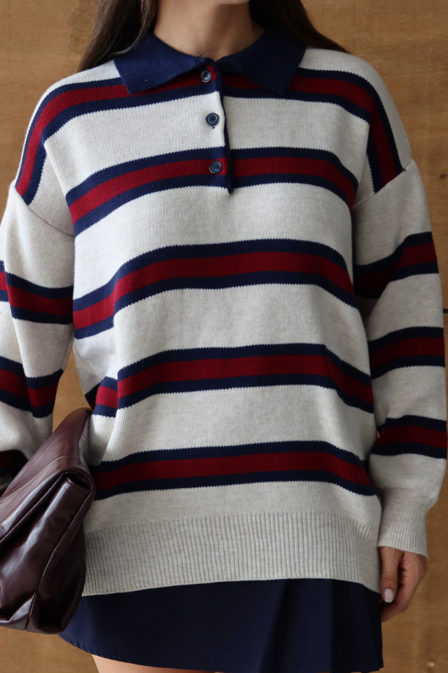 Balenbi Kadın Polo Yaka Oversize Çizgili Triko Kazak 1128 Krem - Standart