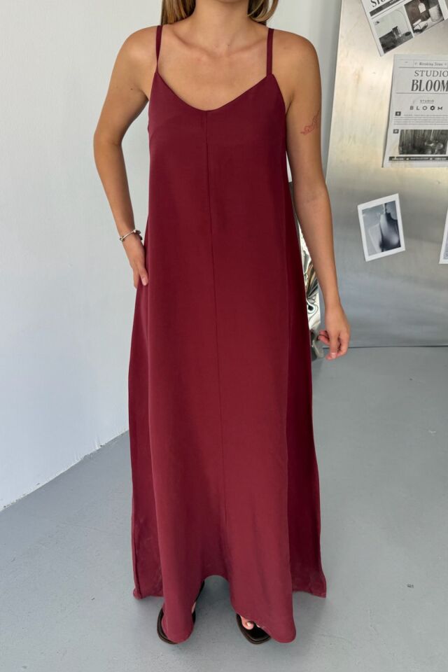 Feela Moda Kadın Modal Dokuma Ayarlanabilir Askılı Yaka Büzgülü Elbise 2017 Bordo - M