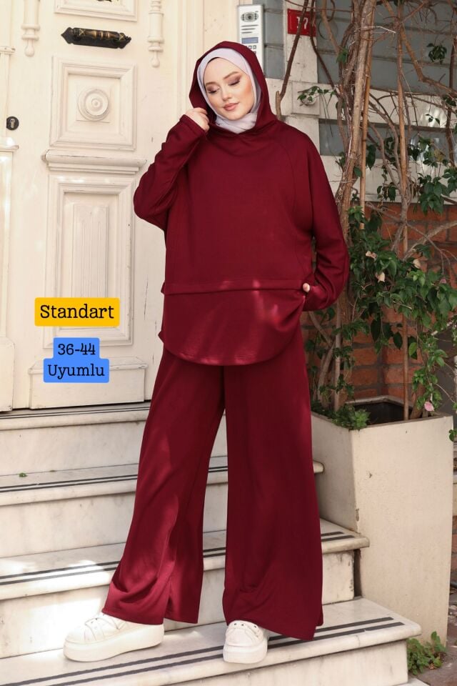 Balenbi Kadın Oversize Kesim Kapüşonlu Salaş Spor Oysh Modal Takım 1236 Standart - Bordo