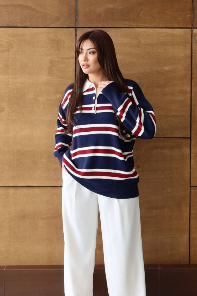 Balenbi Kadın Polo Yaka Oversize Çizgili Triko Kazak 1128 Standart - Lacivert