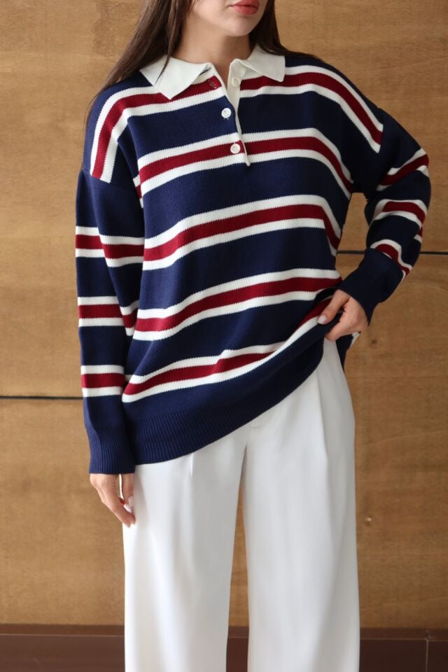 Balenbi Kadın Polo Yaka Oversize Çizgili Triko Kazak 1128 Standart - Lacivert