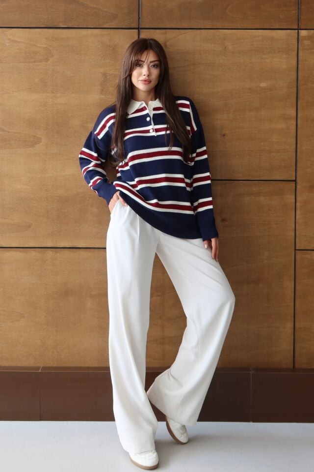 Balenbi Kadın Polo Yaka Oversize Çizgili Triko Kazak 1128 Standart - Lacivert