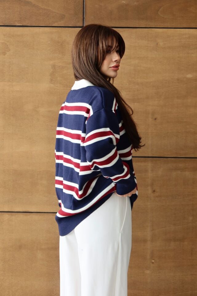 Balenbi Kadın Polo Yaka Oversize Çizgili Triko Kazak 1128 Standart - Lacivert