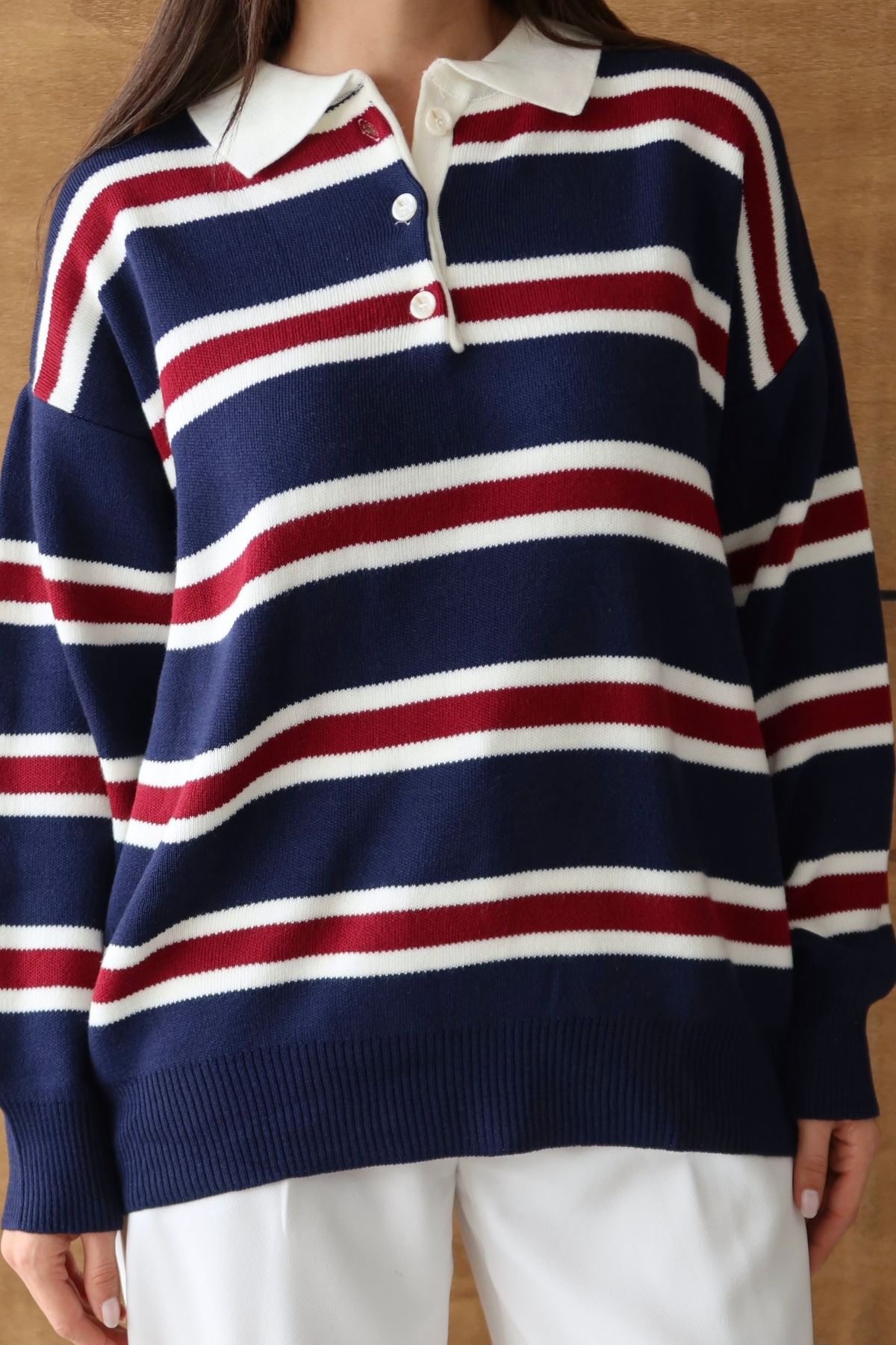 Balenbi Kadın Polo Yaka Oversize Çizgili Triko Kazak 1128 Standart - Lacivert