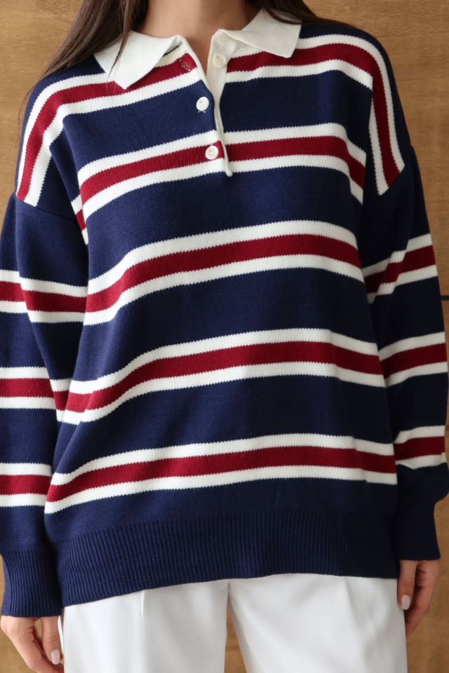 Balenbi Kadın Polo Yaka Oversize Çizgili Triko Kazak 1128 Lacivert - Standart