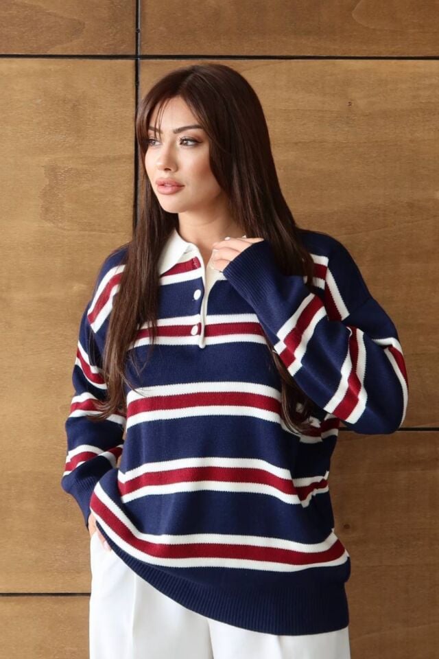 Balenbi Kadın Polo Yaka Oversize Çizgili Triko Kazak 1128 Standart - Lacivert