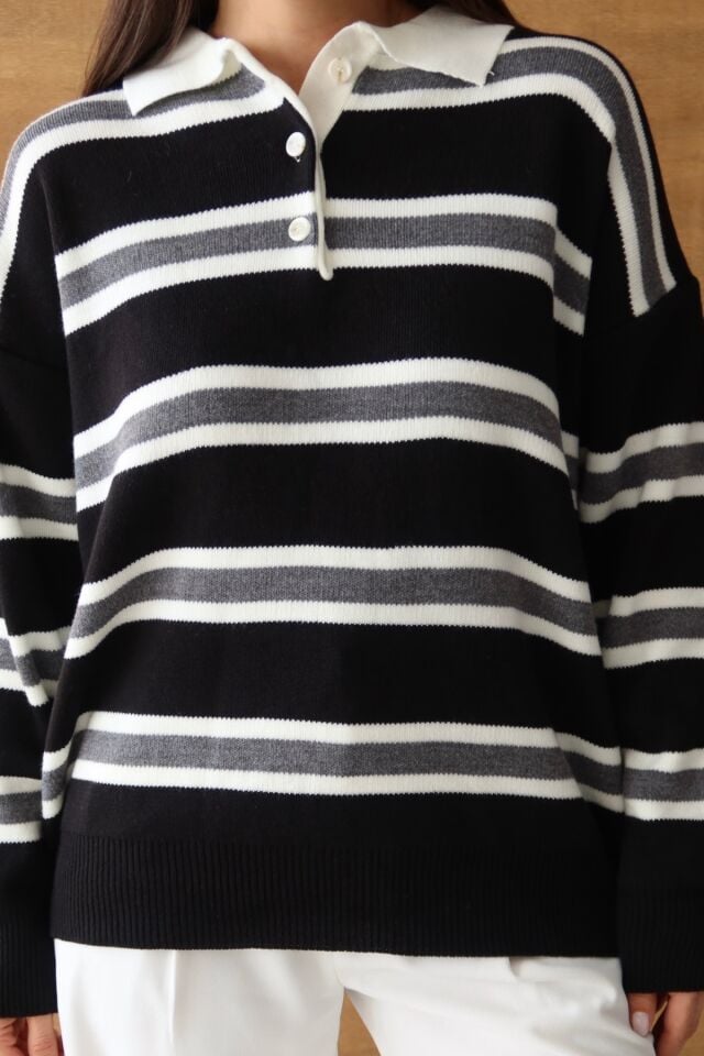 Balenbi Kadın Polo Yaka Oversize Çizgili Triko Kazak 1128 Siyah - Standart