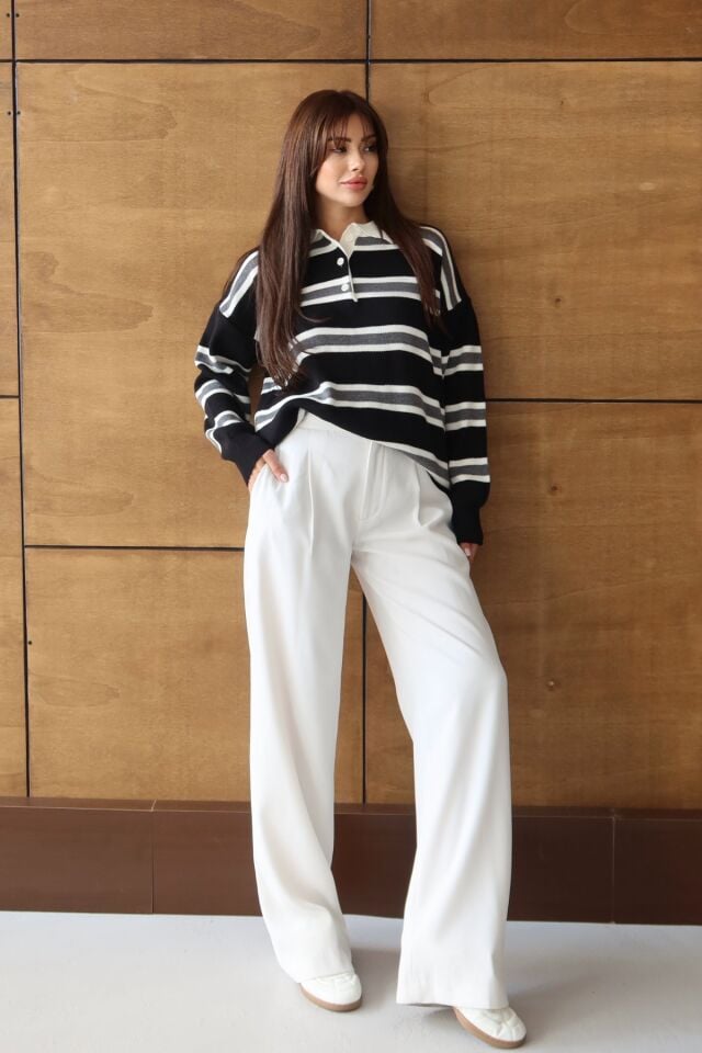 Balenbi Kadın Polo Yaka Oversize Çizgili Triko Kazak 1128 Standart - Siyah