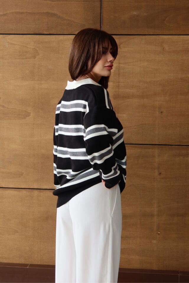Balenbi Kadın Polo Yaka Oversize Çizgili Triko Kazak 1128 Standart - Siyah