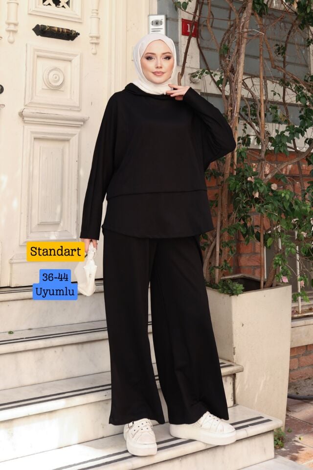 Balenbi Kadın Oversize Kesim Kapüşonlu Salaş Spor Oysh Modal Takım 1236 Standart - Siyah