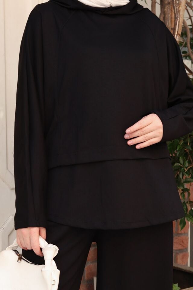 Balenbi Kadın Oversize Kesim Kapüşonlu Salaş Spor Oysh Modal Takım 1236 Standart - Siyah
