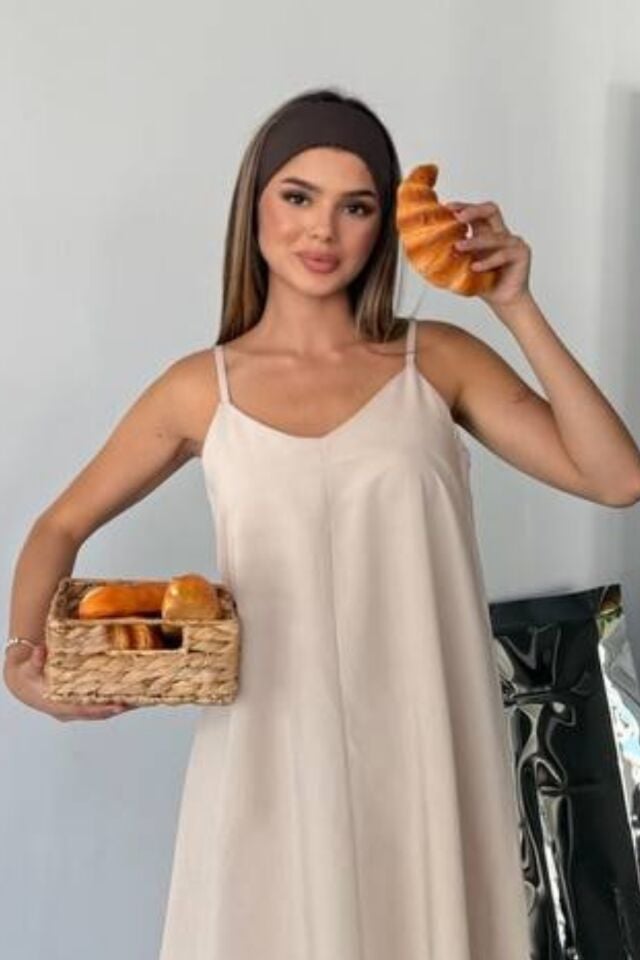 Feela Moda Kadın Modal Dokuma Ayarlanabilir Askılı Yaka Büzgülü Elbise 2017 Bej - S