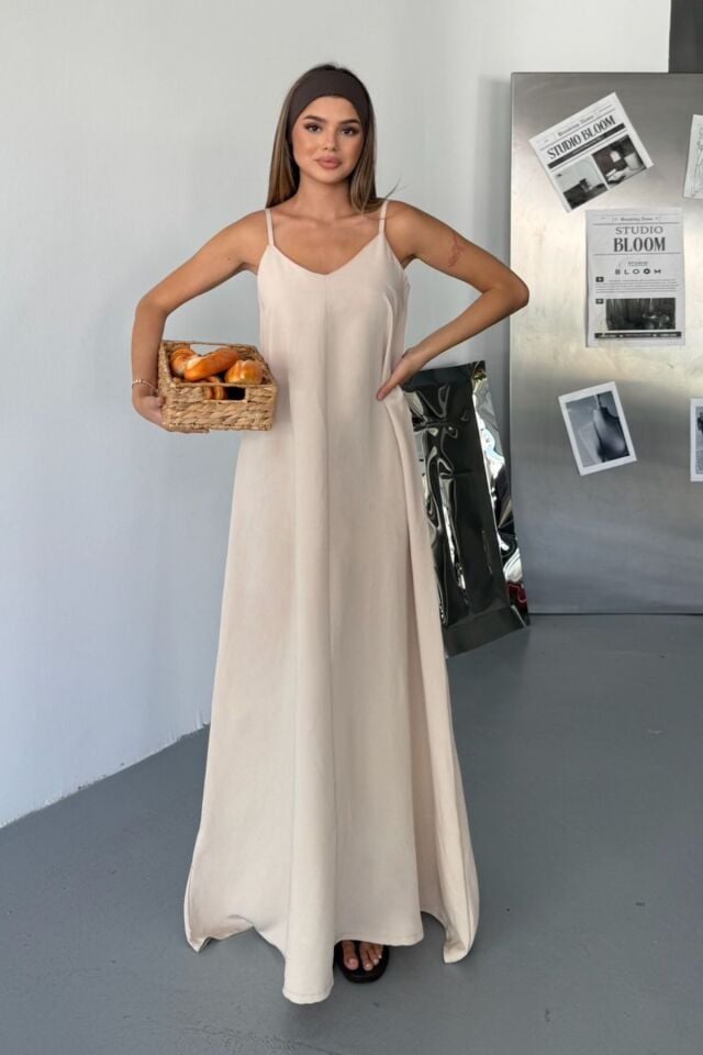 Feela Moda Kadın Modal Dokuma Ayarlanabilir Askılı Yaka Büzgülü Elbise 2017 S - Bej