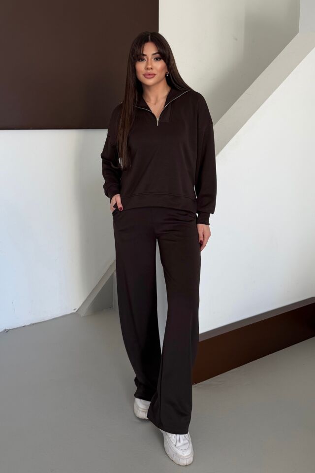 Balenbi Oversize Yarım Fermuarlı Yaka Modal Kadın Takım 1195 - Form Serisi XL - Kahverengi