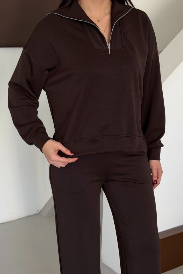 Balenbi Oversize Yarım Fermuarlı Yaka Modal Kadın Takım 1195 - Form Serisi XL - Kahverengi