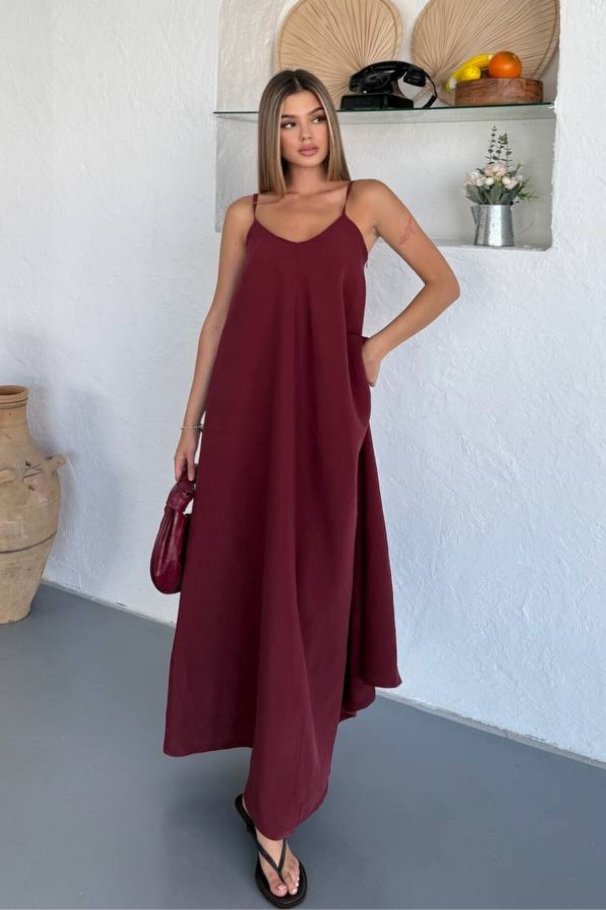 Feela Moda Kadın Modal Dokuma Ayarlanabilir Askılı Yaka Büzgülü Elbise 2017 S - Bordo