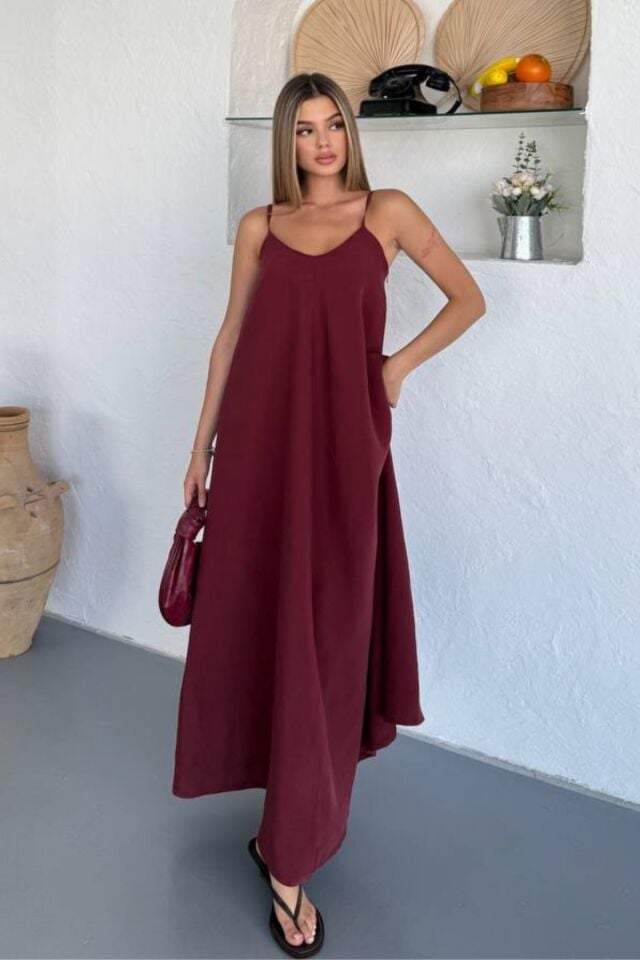 Feela Moda Kadın Modal Dokuma Ayarlanabilir Askılı Yaka Büzgülü Elbise 2017 Bordo - S