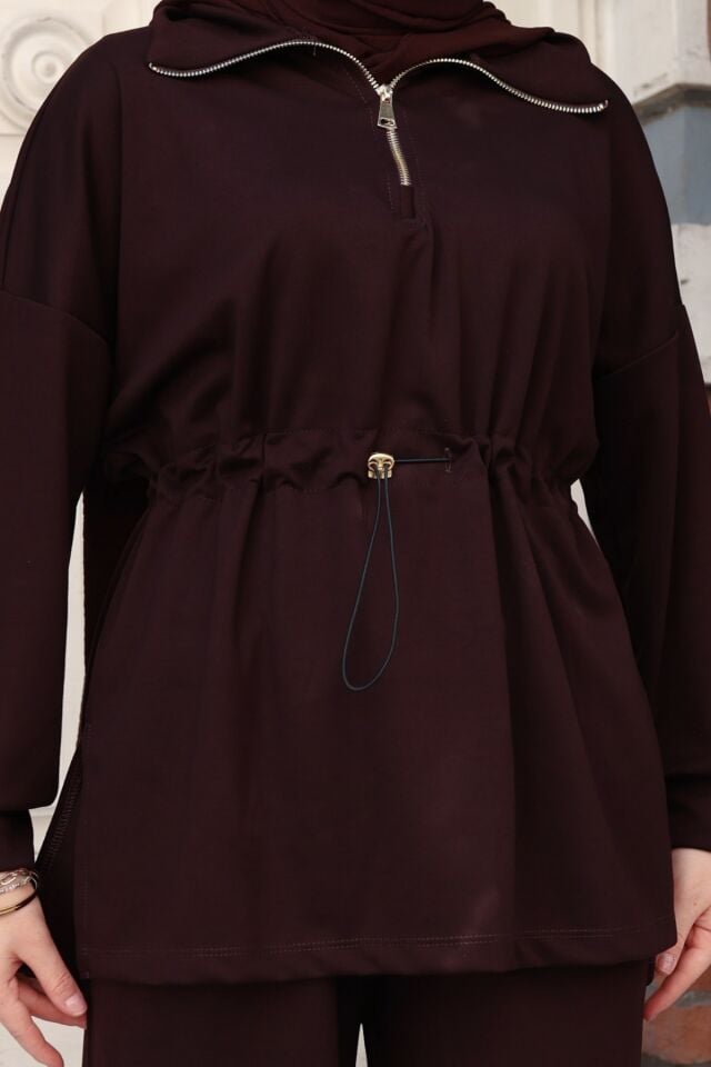 Balenbi Kadın Oversize Kesim Fermuarlı Yaka Bel Stoperli Modal Takım 1234 Standart - Kahverengi