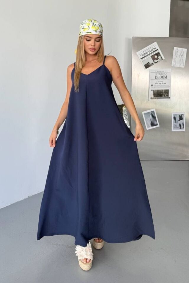 Feela Moda Kadın Modal Dokuma Ayarlanabilir Askılı Yaka Büzgülü Elbise 2017 Lacivert - S