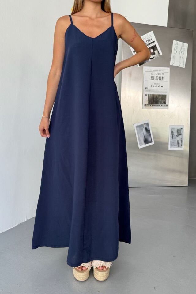 Feela Moda Kadın Modal Dokuma Ayarlanabilir Askılı Yaka Büzgülü Elbise 2017 Lacivert - S