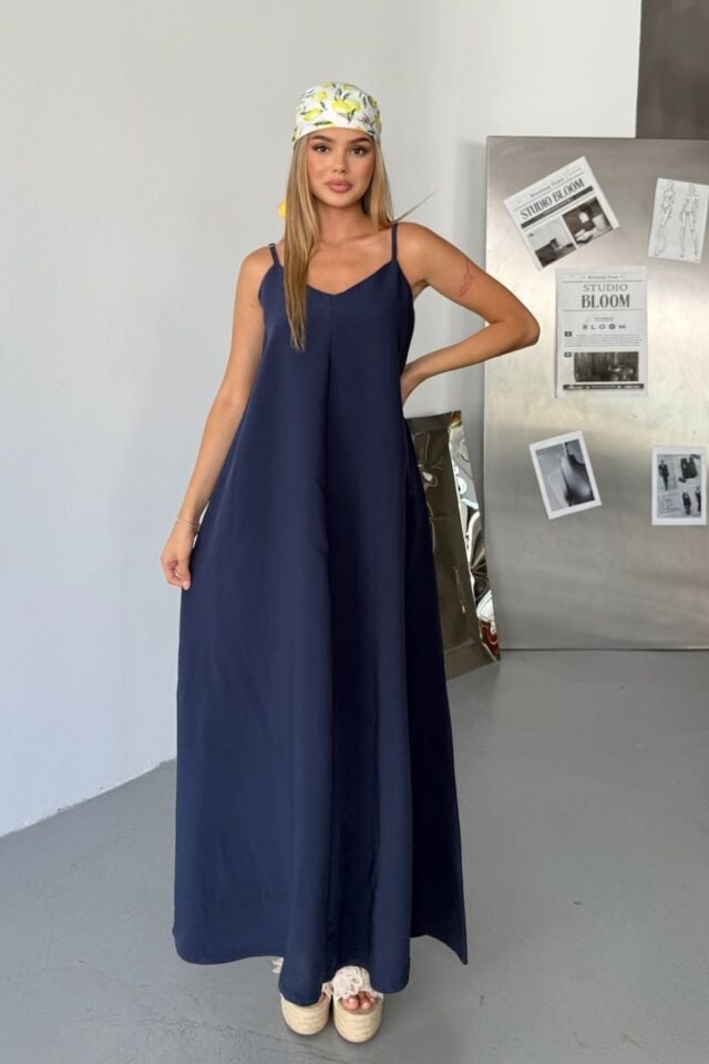 Feela Moda Kadın Modal Dokuma Ayarlanabilir Askılı Yaka Büzgülü Elbise 2017 S - Lacivert