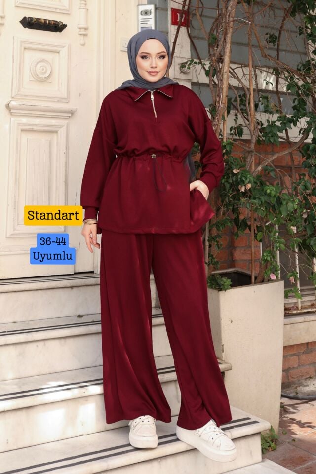 Balenbi Kadın Oversize Kesim Fermuarlı Yaka Bel Stoperli Modal Takım 1234 Standart - Bordo