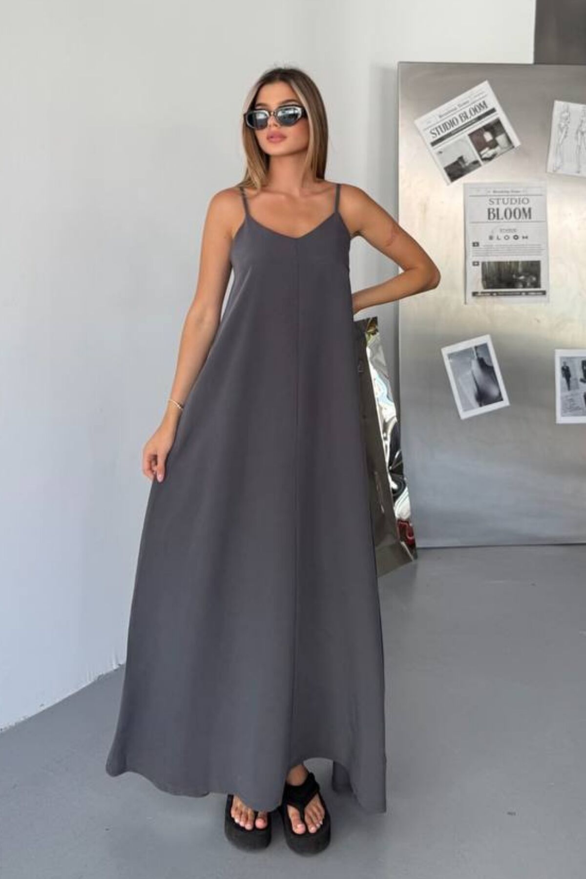 Feela Moda Kadın Modal Dokuma Ayarlanabilir Askılı Yaka Büzgülü Elbise 2017 XL - Antrasit