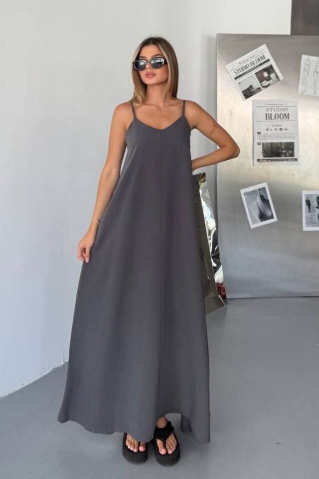 Feela Moda Kadın Modal Dokuma Ayarlanabilir Askılı Yaka Büzgülü Elbise 2017 Antrasit - XL