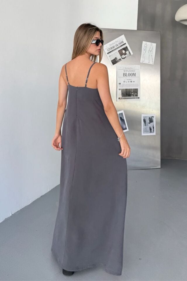 Feela Moda Kadın Modal Dokuma Ayarlanabilir Askılı Yaka Büzgülü Elbise 2017 XL - Antrasit