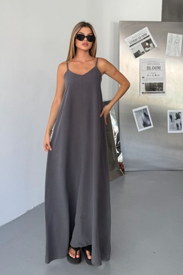 Feela Moda Kadın Modal Dokuma Ayarlanabilir Askılı Yaka Büzgülü Elbise 2017 Antrasit - XL