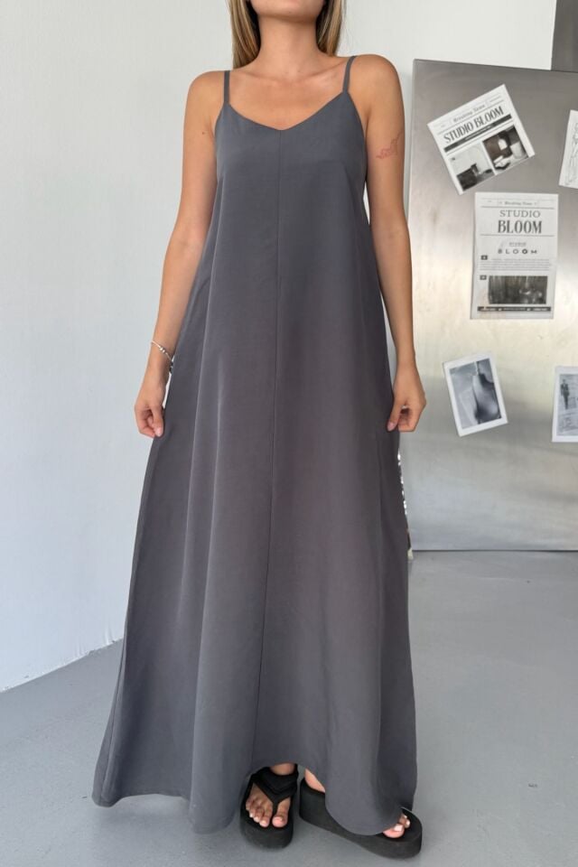 Feela Moda Kadın Modal Dokuma Ayarlanabilir Askılı Yaka Büzgülü Elbise 2017 XL - Antrasit