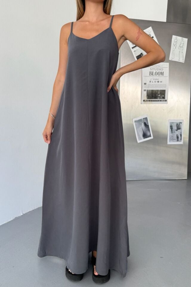 Feela Moda Kadın Modal Dokuma Ayarlanabilir Askılı Yaka Büzgülü Elbise 2017 XL - Antrasit