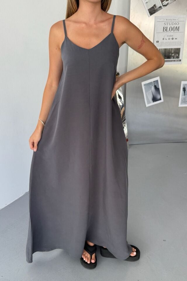 Feela Moda Kadın Modal Dokuma Ayarlanabilir Askılı Yaka Büzgülü Elbise 2017 XL - Antrasit