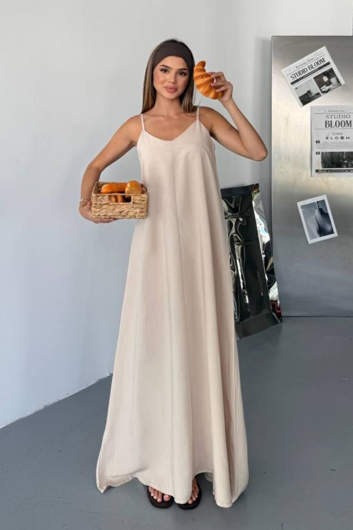 Feela Moda Kadın Modal Dokuma Ayarlanabilir Askılı Yaka Büzgülü Elbise 2017 XL - Bej