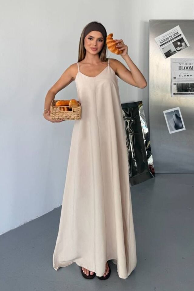 Feela Moda Kadın Modal Dokuma Ayarlanabilir Askılı Yaka Büzgülü Elbise 2017 Bej - XL