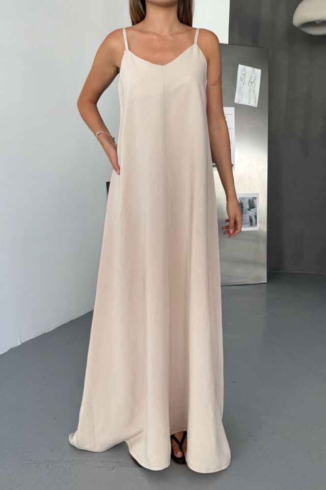 Feela Moda Kadın Modal Dokuma Ayarlanabilir Askılı Yaka Büzgülü Elbise 2017 XL - Bej