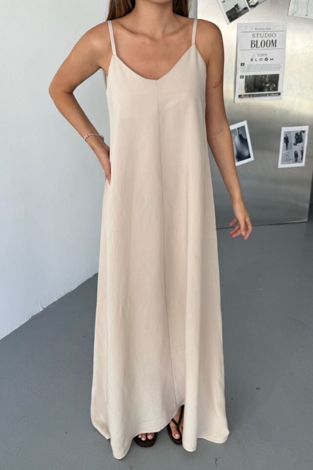 Feela Moda Kadın Modal Dokuma Ayarlanabilir Askılı Yaka Büzgülü Elbise 2017 XL - Bej