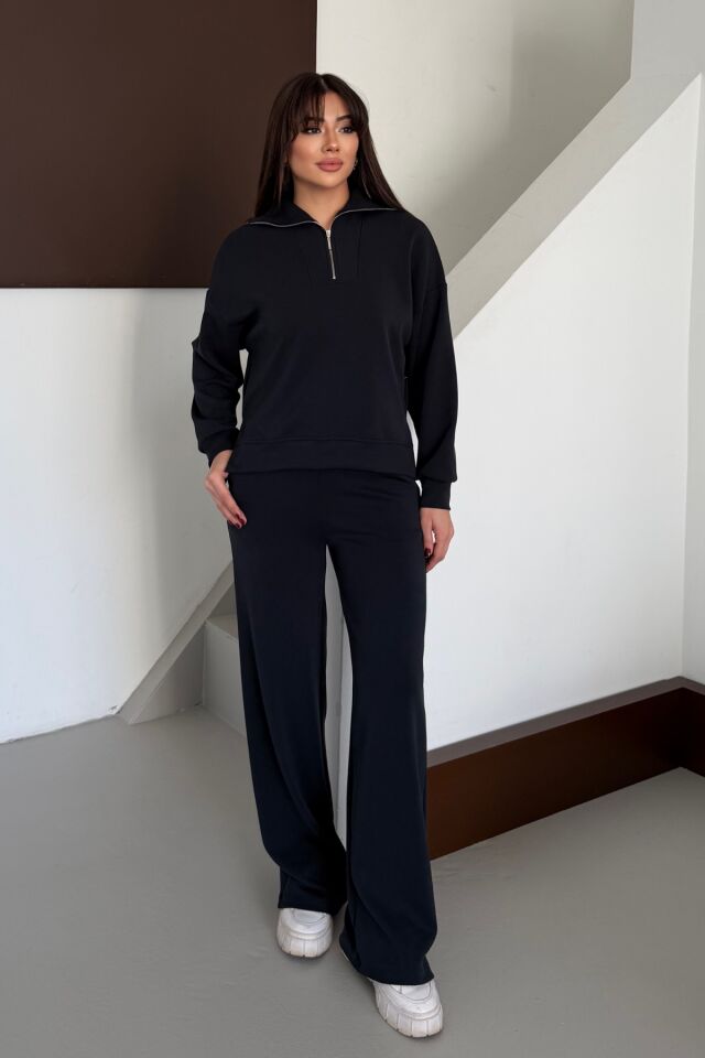 Balenbi Oversize Yarım Fermuarlı Yaka Modal Kadın Takım 1195 - Form Serisi XL - Siyah