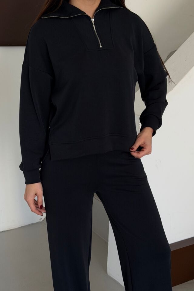 Balenbi Oversize Yarım Fermuarlı Yaka Modal Kadın Takım 1195 - Form Serisi XL - Siyah