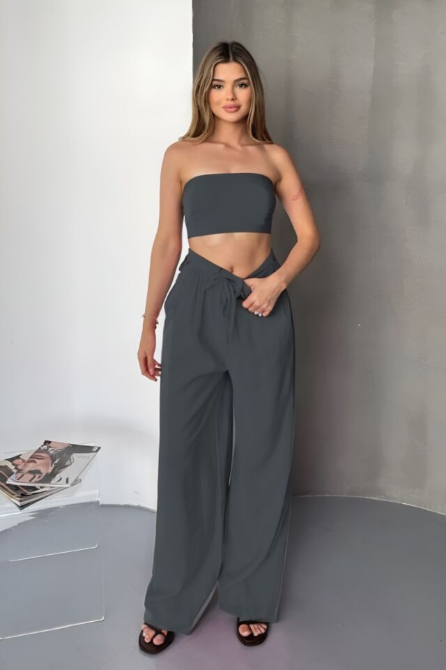 Feela Moda Kadın Modal Dokuma Beli Lastikli Palazzo Pantolon 2016 36 - Antrasit