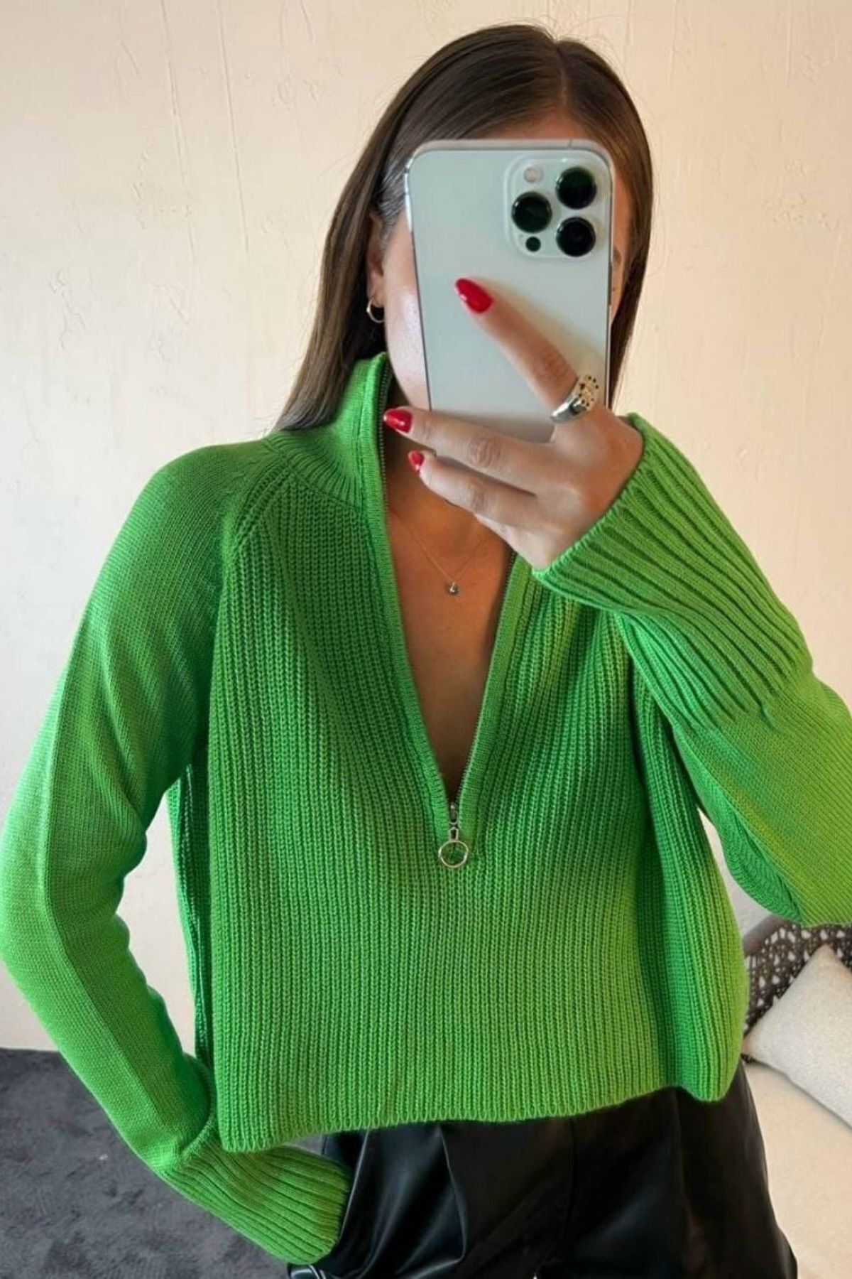 Balenbi Kadın Fermuarlı Balıkçı Yaka Crop Oversize Triko Kazak 1029 Standart - Yeşil