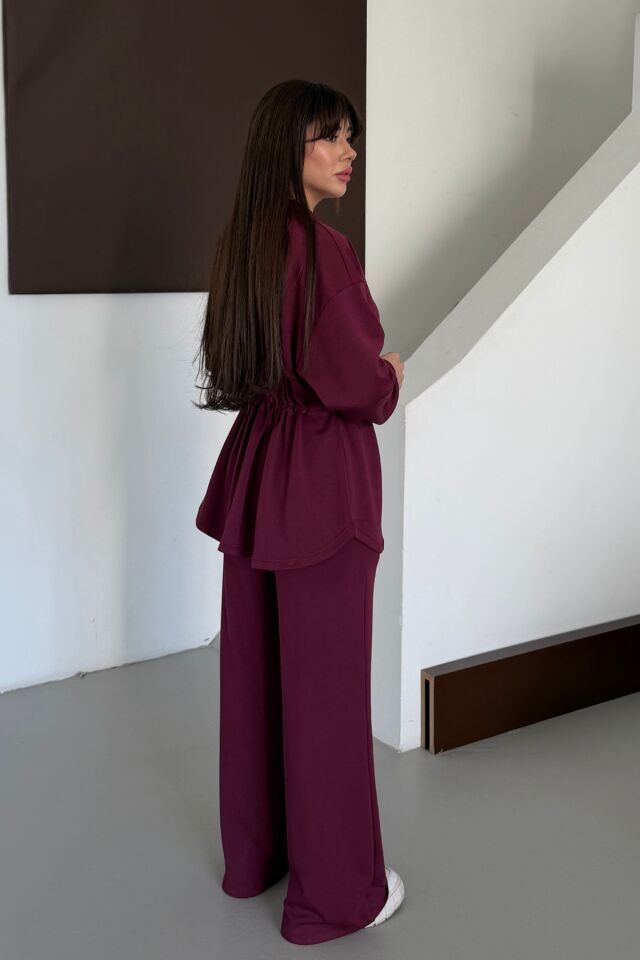 Balenbi Oversize Fermuarlı Beli Bağcıklı Polo Yaka Modal Kadın Takım 1196 - Form Serisi XL - Bordo