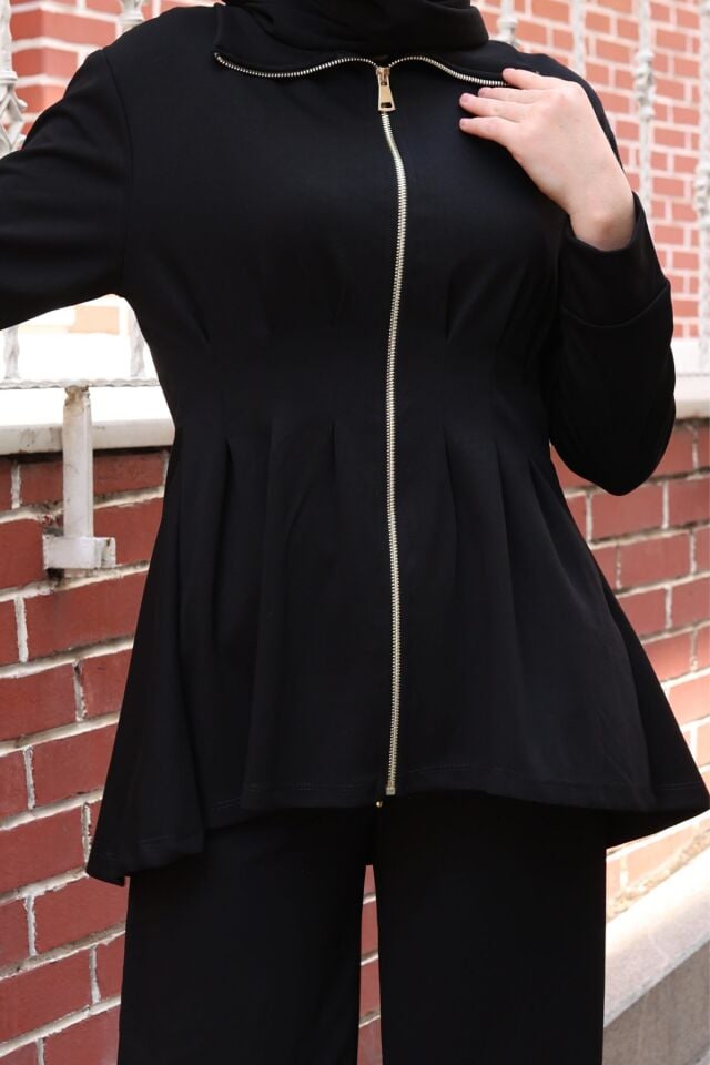 Balenbi Kadın Oversize Kesim Beli Pileli Ful Fermuarlı Modal Takım 1235 Siyah - L/XL