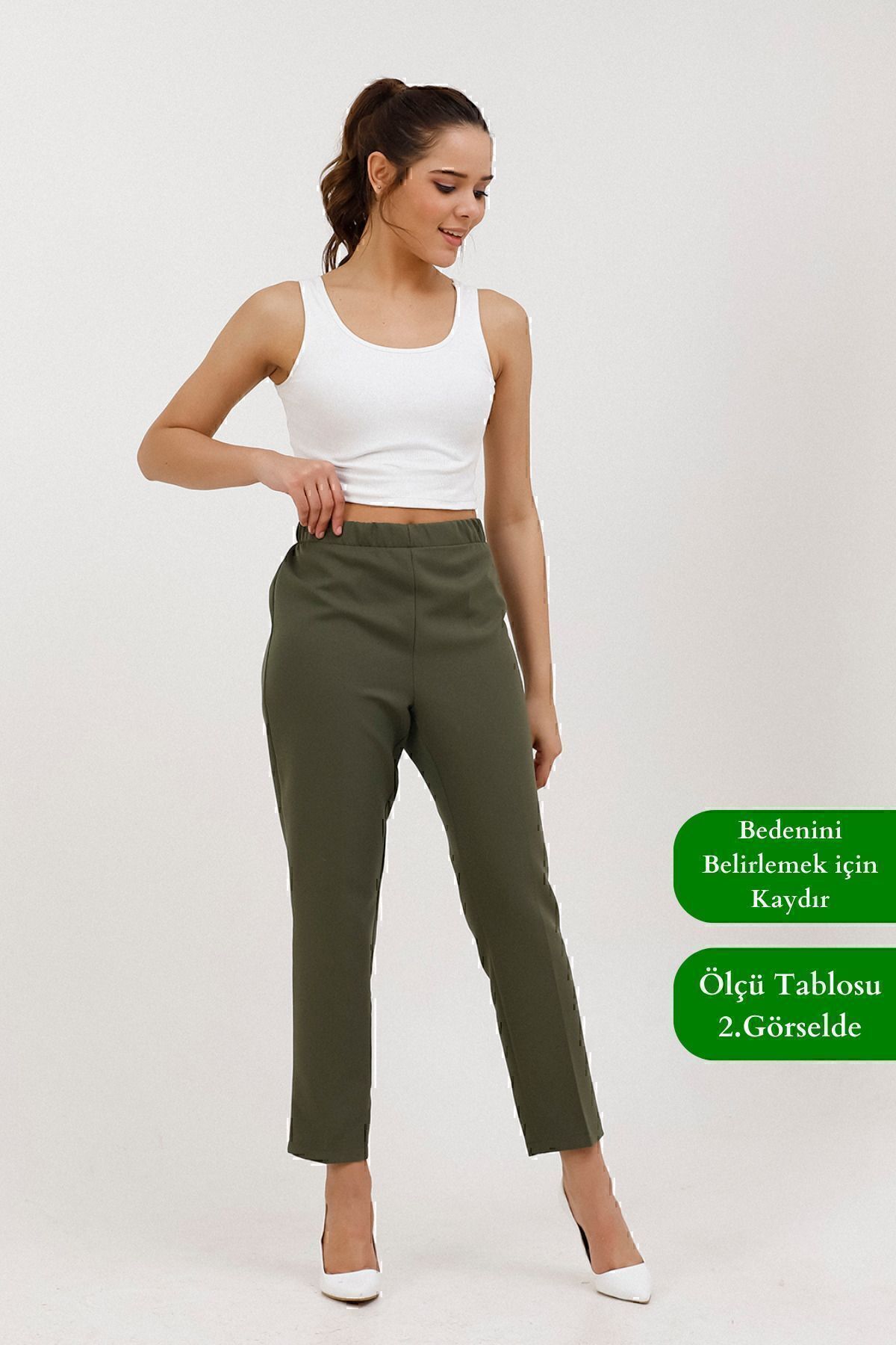 Balenbi Havuç Paça Yüksek Bel Likralı Dokuma Kadın Pantolon 1005 40 - Haki