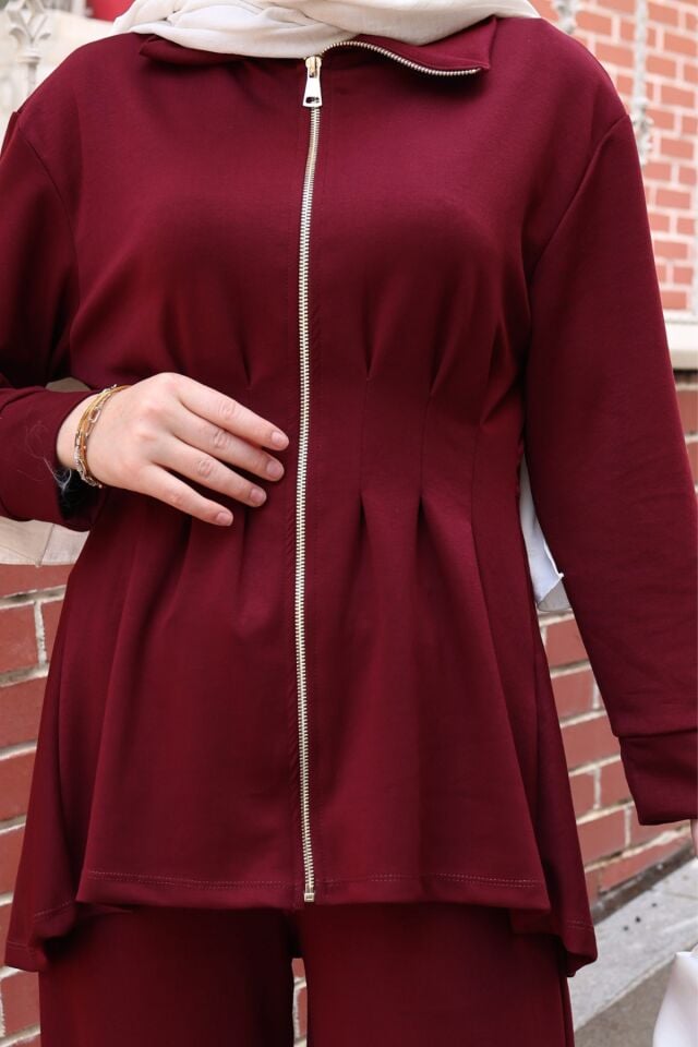 Balenbi Kadın Oversize Kesim Beli Pileli Ful Fermuarlı Modal Takım 1235 Bordo - L/XL