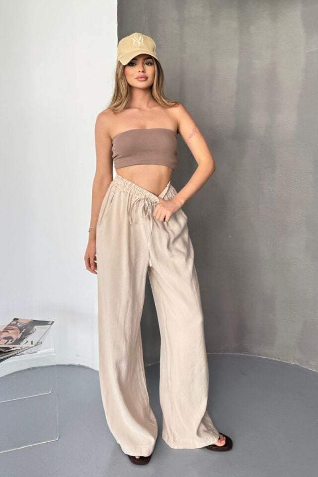 Feela Moda Kadın Modal Dokuma Beli Lastikli Palazzo Pantolon 2016 38 - Bej