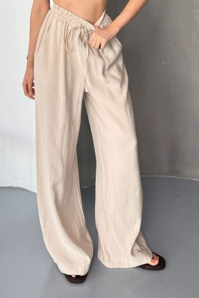 Feela Moda Kadın Modal Dokuma Beli Lastikli Palazzo Pantolon 2016 Bej - 38