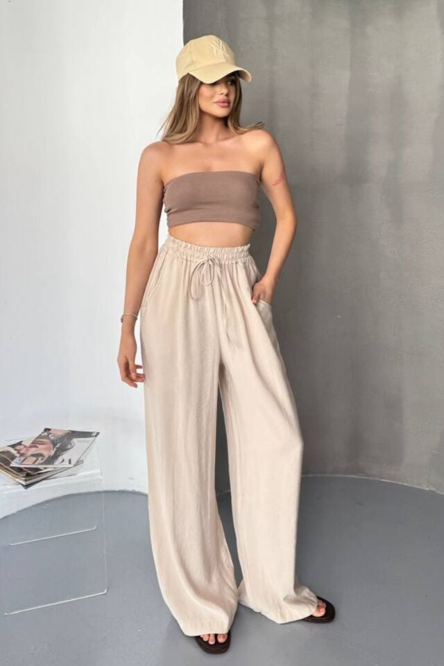 Feela Moda Kadın Modal Dokuma Beli Lastikli Palazzo Pantolon 2016 38 - Bej