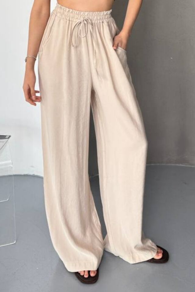 Feela Moda Kadın Modal Dokuma Beli Lastikli Palazzo Pantolon 2016 38 - Bej